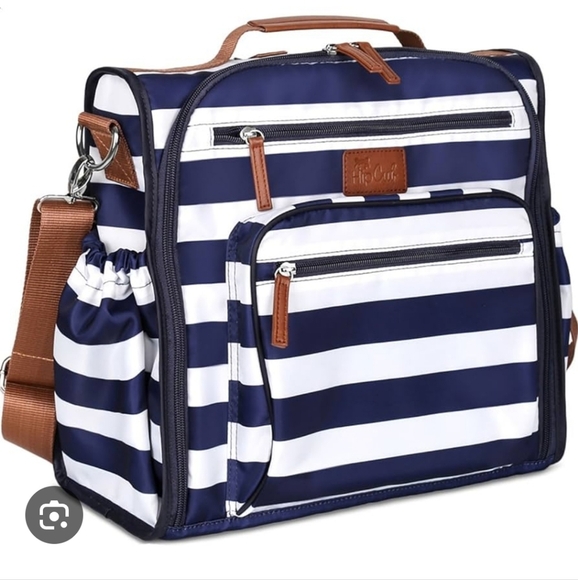 Hip Cub Navy and White Striped Bag with Brown Accents - Picture 10 of 11